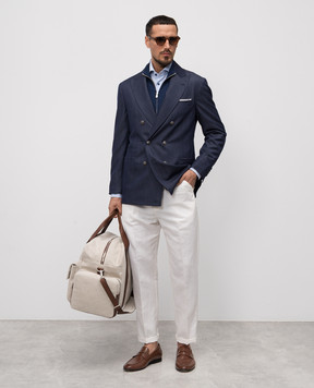 Brunello Cucinelli Синий двубортный блейзер с шерсти, абаки и шелка. MR4957BBKP