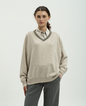 Brunello Cucinelli Бежевий пуловер з кашеміру з ланцюжком моніль M12190102P