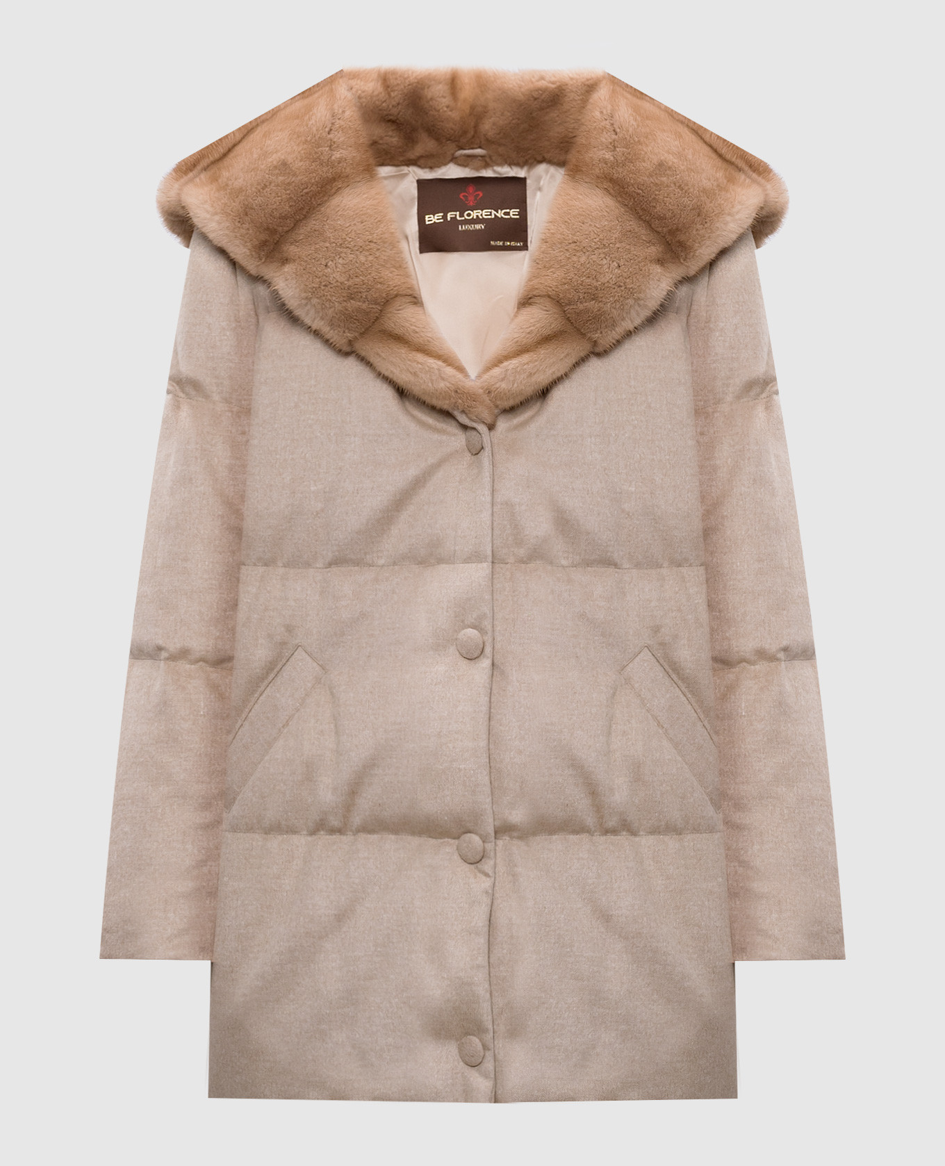 

Бежевый пуховик из шерсти и шелка с мехом норки, Пуховики