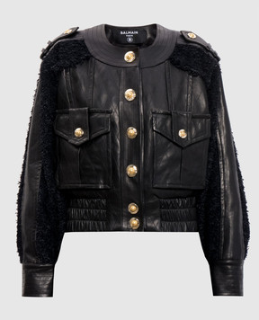 Balmain Чорна шкіряна куртка з твідовими вставками FF1TF500MH20