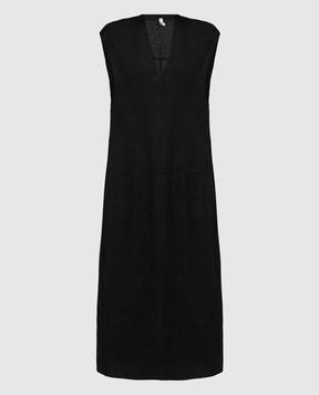 BOBOUTIC Черное платье миди с леном, шелком и кашемиром. 4626