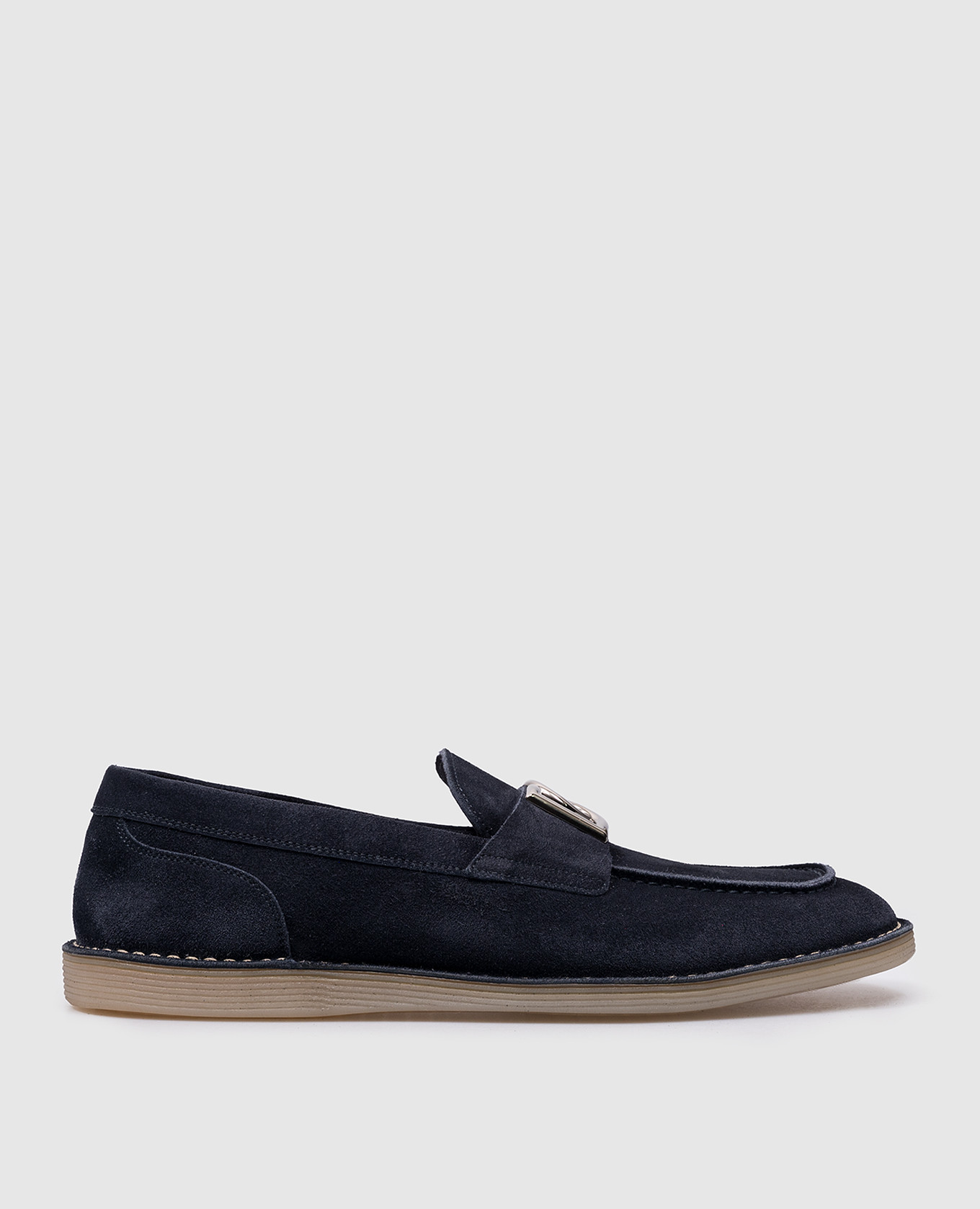 Blue suede loafers with metallic monogram logo