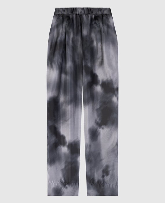 Gray silk trousers with a tie-dye print