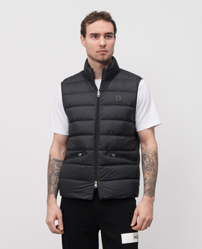 Moncler Чорний пуховий жилет зі шкіряною нашивкою логотипа K10911A00144549SK