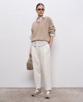Brunello Cucinelli Бежевый пуловер в рубчик с цепочкой мониль M19255002