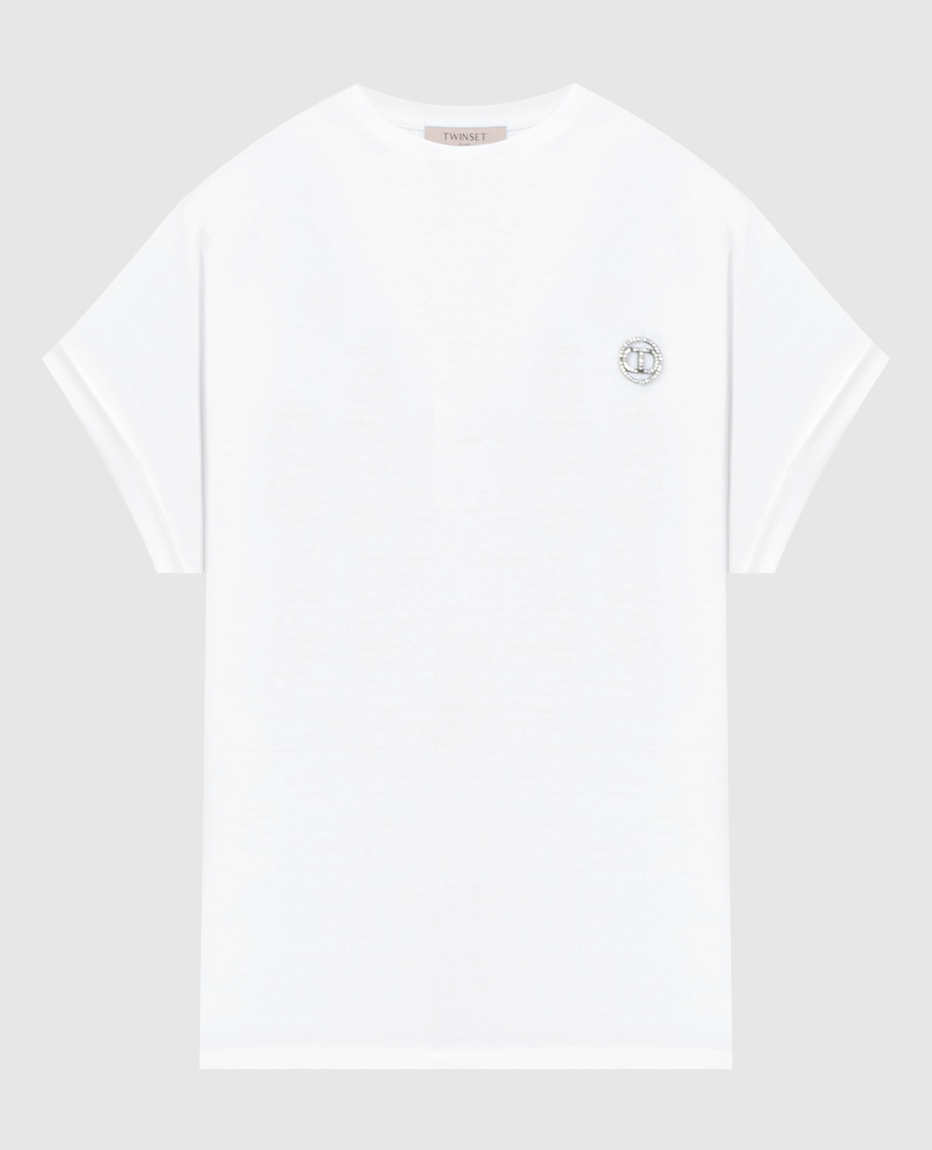 White t-shirt with metallic logo and crystals