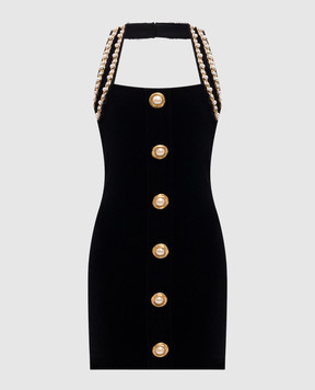 Balmain Черное бархатное платье мини с бусинами EF0R5114PD02