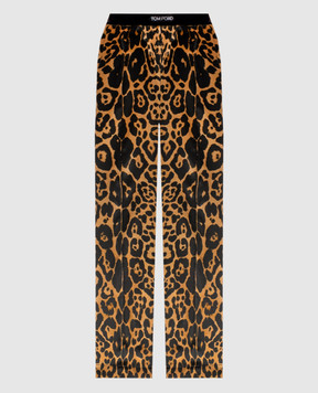 Tom Ford Коричневі штани із шовку в леопардовий принт з логотипом PAW397FAP225