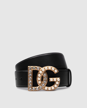 Dolce&Gabbana Черный кожаный ремень с логотипом DG с кристаллами. BE1576AQ339