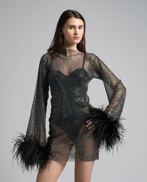 Santa Brands Черное платье мини с кристаллами и перьями страуса FEATHERSDRESS