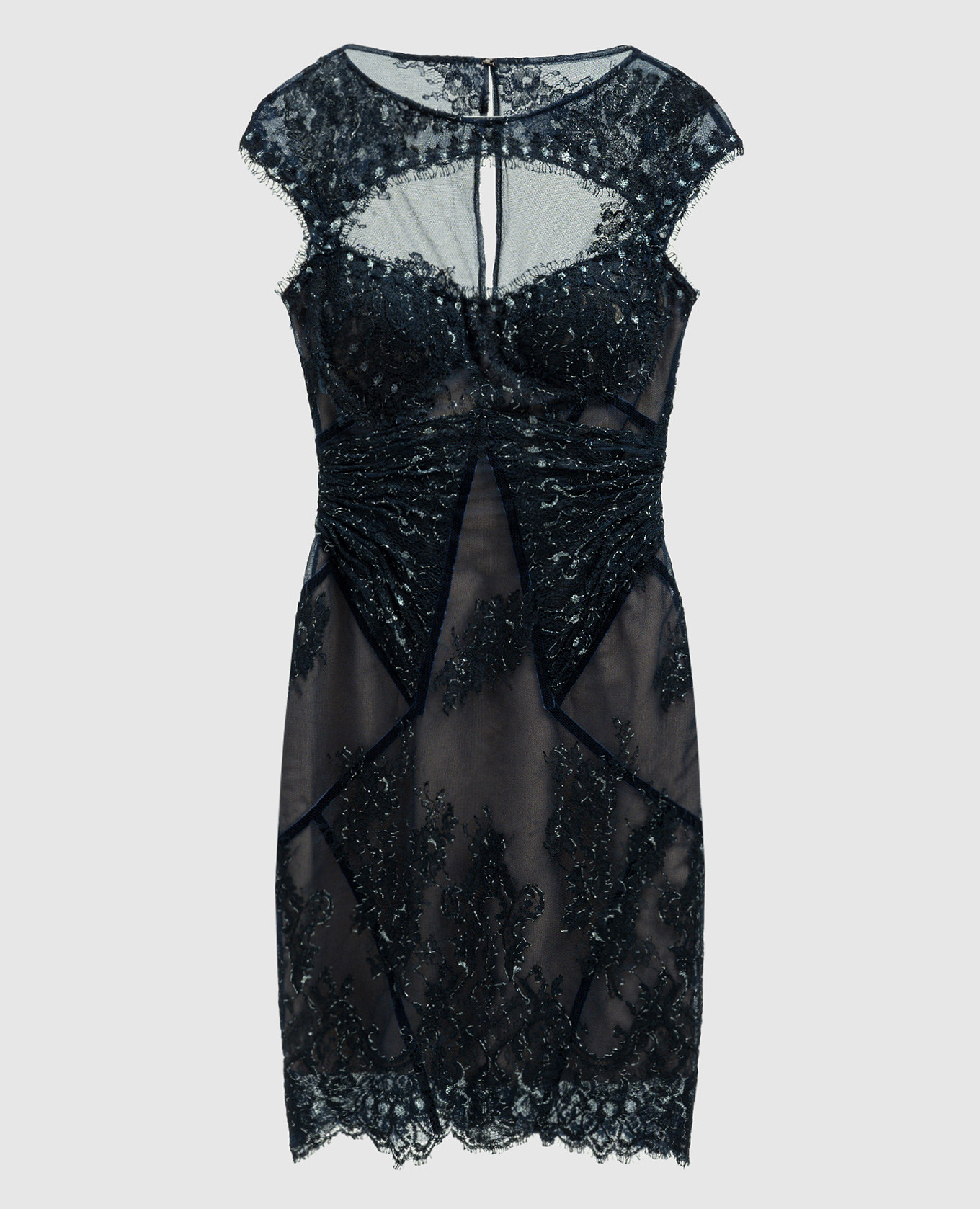 

Синее кружевное платье-бюстье с шелком с фигурным вырезом и люрексом., Синий, Коктейльные платья