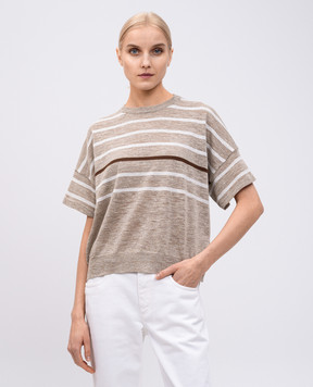 Brunello Cucinelli Бежевий топ з льоном в смужку з люрексом M8Q230820