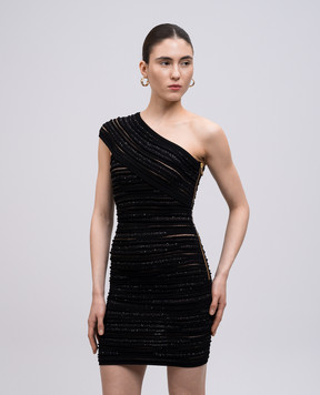 Balmain Чорна сукня міні на плече з паєтками EF0R4081KI39
