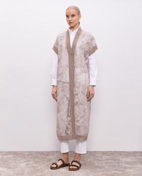Brunello Cucinelli Бежевый ажурный удлиненный кардиган с узором M78R00426