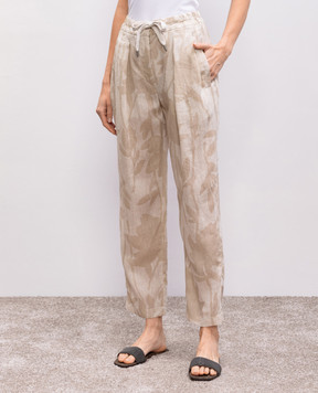 Brunello Cucinelli Бежевые брюки из льна в цветочный узор. MB650P8597