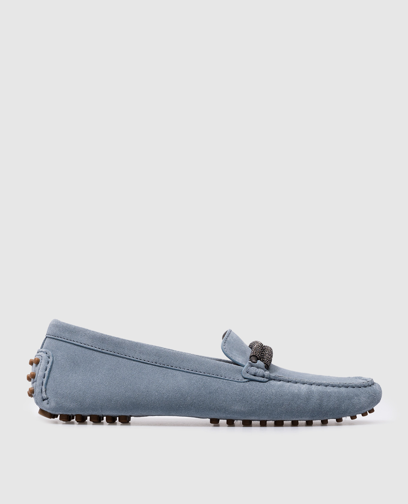 Blue suede moccasins with monil chain