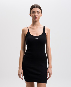 Off-White Черное платье мини в рубчике с вышивкой логотипа OWDB304C99JER002