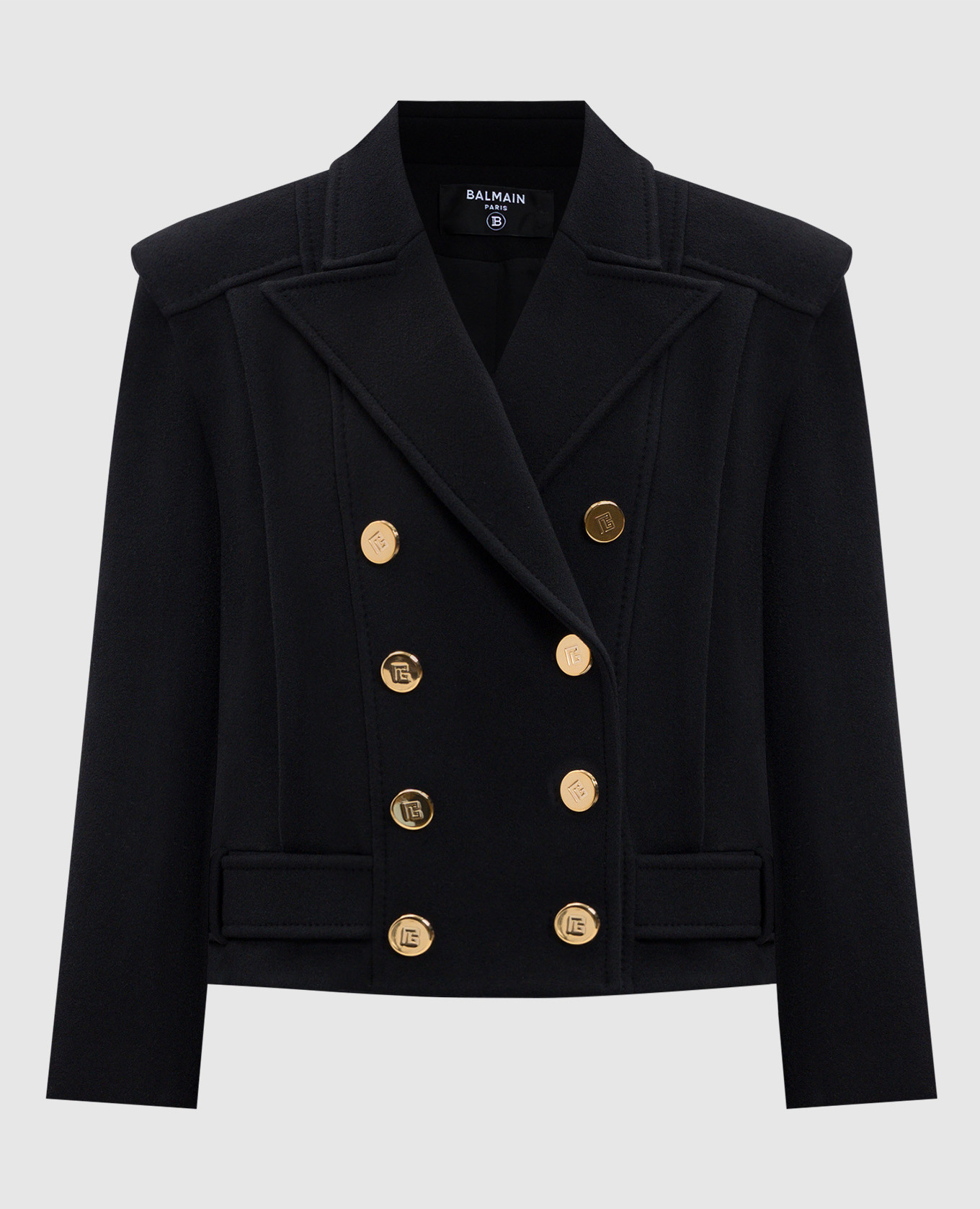 

Черное двубортное укороченное пальто с шерстью, Черный, Пальто