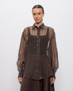 Brunello Cucinelli Коричнева блуза із шовку з паєтками MP940RI516