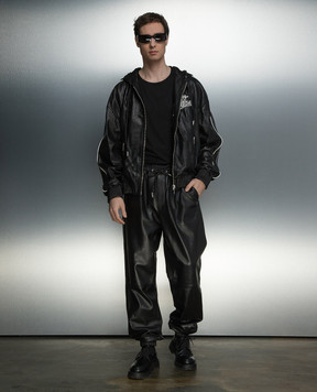 Off-White Черная кожаная куртка с логотипом OMJA133S24LEA001