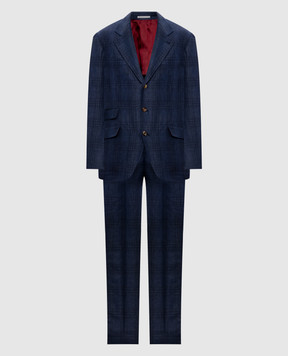 Brunello Cucinelli Синий костюм из шерсти, льна и шелка в клетку MR486LDWH