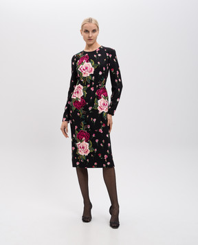 Dolce&Gabbana Черное платье из шелка в цветочный принт с вышивкой F66R6ZFSATS