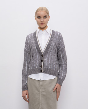 Brunello Cucinelli Серый кардиган из льна в ажурном узоре. MCO559416