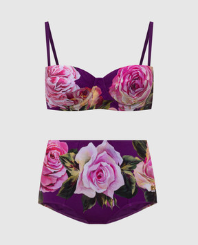 Dolce&Gabbana Фіолетовий купальник з трусиками з високою посадкою в квітковий принт O8A27JFSG9Q
