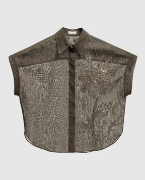 Brunello Cucinelli Коричневая блуза с вышивкой и пайетками MH911NP106