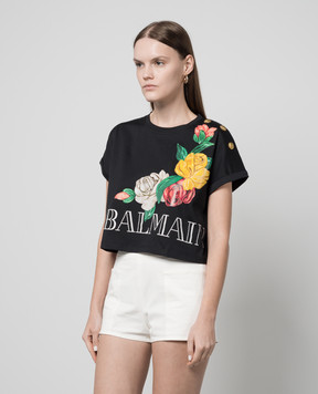 Balmain Чорна футболка з логотипом з принтом Rose CF0EE095GD50