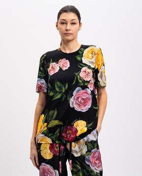 Dolce&Gabbana Черная футболка из шелка в принт пионы и розы. F7AO2TFSA7B