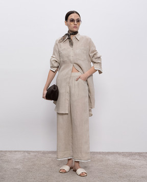 Brunello Cucinelli Бежевая удлиненная рубашка из льна с цепочкой мониль MM633RD636