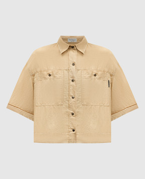 Brunello Cucinelli Бежева укорочена сорочка з льоном з ланцюжком моніль MD698MH636