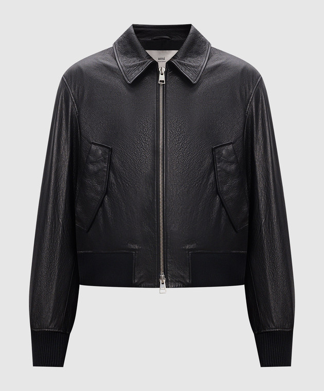 Ami Paris - Чорна шкіряна куртка з фактурною емблемою