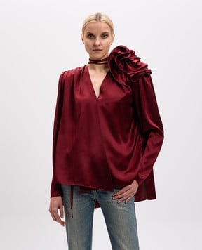 Magda Butrym Бордова блуза із шовку з брошкою у вигляді квітки BLOUSE02141425