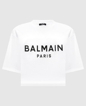 Balmain Белая укороченная футболка с принтом логотипа BF1EE020BB02