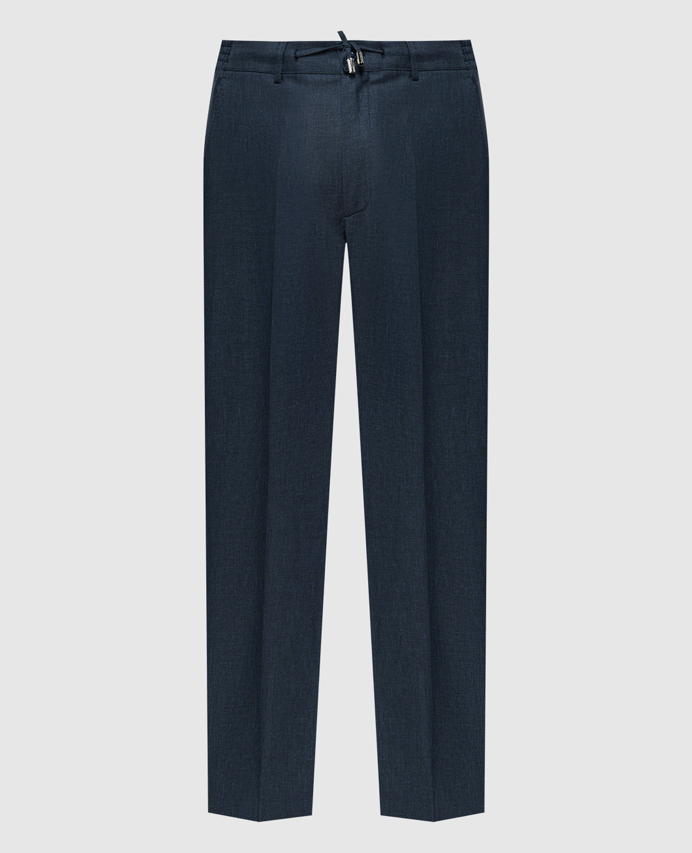 Blue trousers in linen, wool and silk with a metallic logo