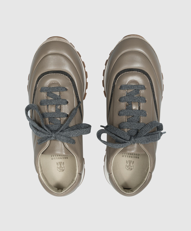 Brunello Cucinelli Коричневі шкіряні кросівки з ланцюжком моніль MZSKG2781P зображення 4