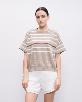 Brunello Cucinelli Коричневий топ з льоном в смужку M8Q230820