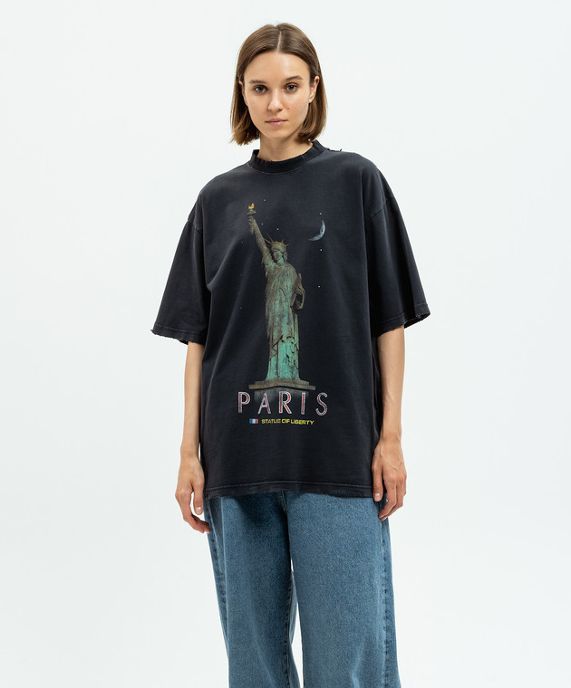 Balenciaga Черная футболка Paris Liberty с винтажным эффектом 764235TQVR9w изображение 3