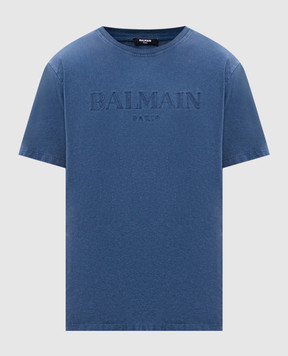 Balmain Голубая футболка с вышивкой логотипа DH1EG010BC72
