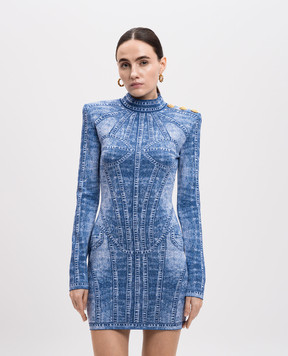 Balmain Синее платье-футляр мини в жаккардовый узор EF1R8237KH80