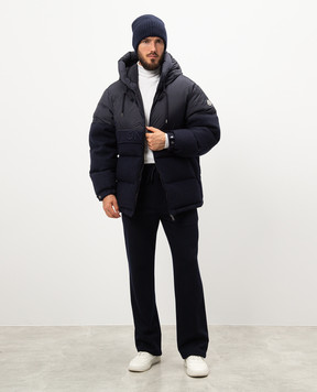 Moncler Синий комбинированный пуховик с шерстью с вышивкой логотипа J20911A00146M5113