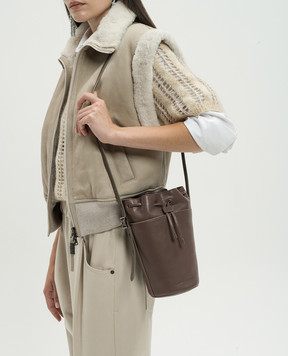 Brunello Cucinelli Коричневый кожаный мешок бакет-бег с логотипом. MBIRD2620P